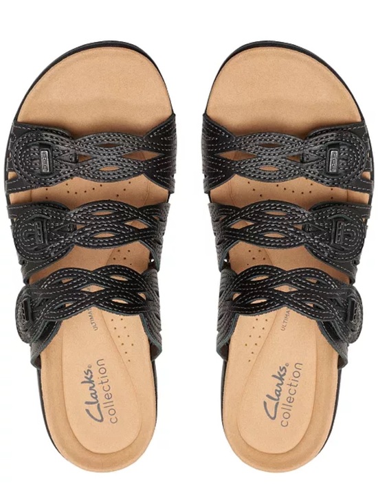 Clarks Shoes - Clarks Laurieann Black Leather Woven Triple-Strap Slide Sandals Size 7
